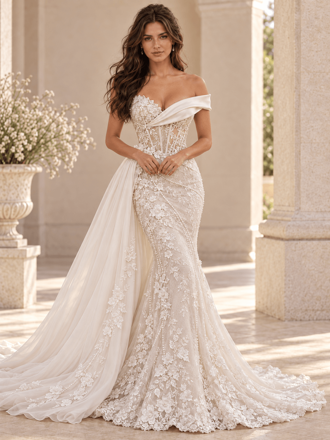 White Asymmetrical Lace Mermaid Wedding Dress with Detachable Tulle Overskirt