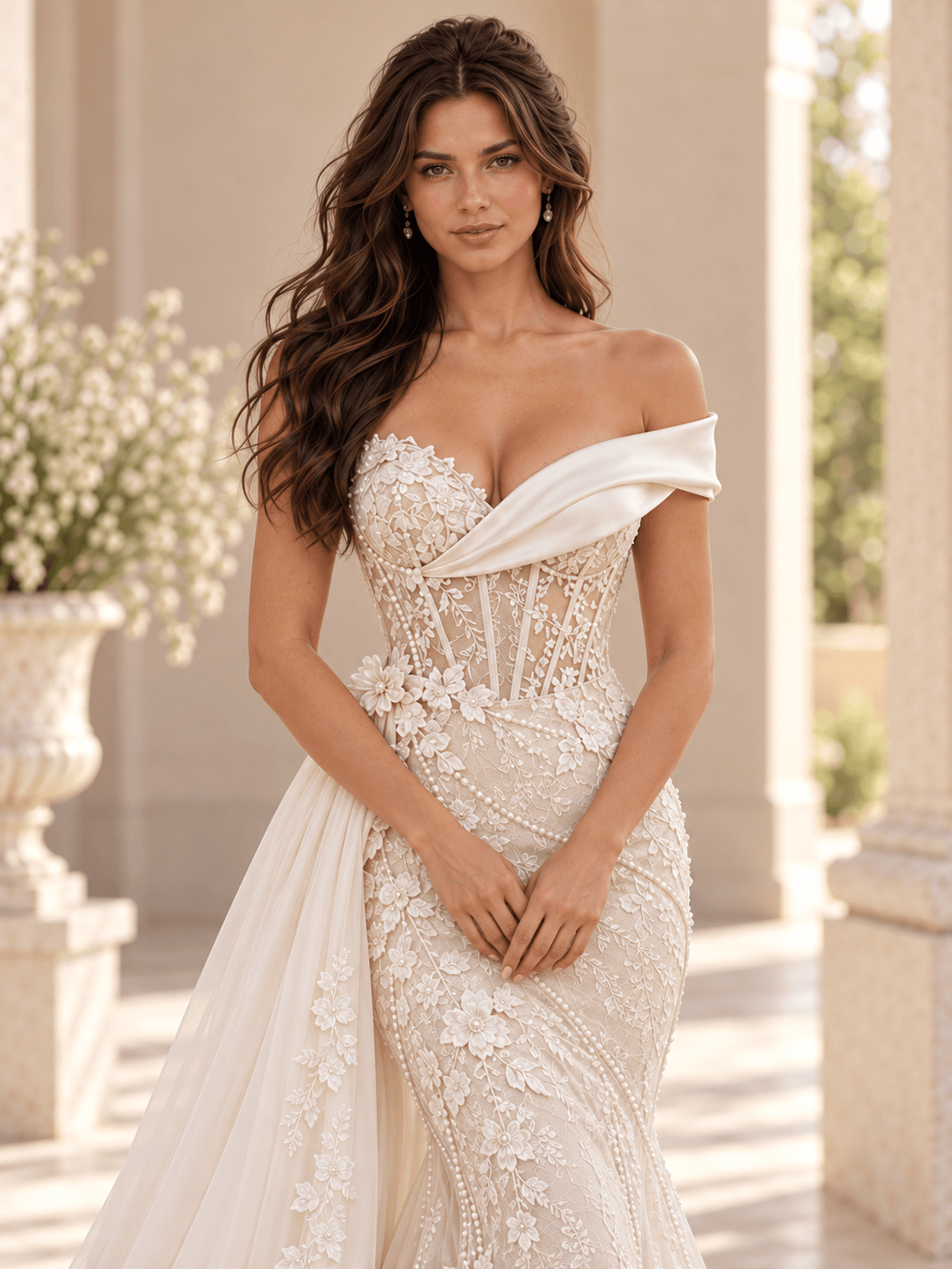 White Asymmetrical Lace Mermaid Wedding Dress with Detachable Tulle Overskirt