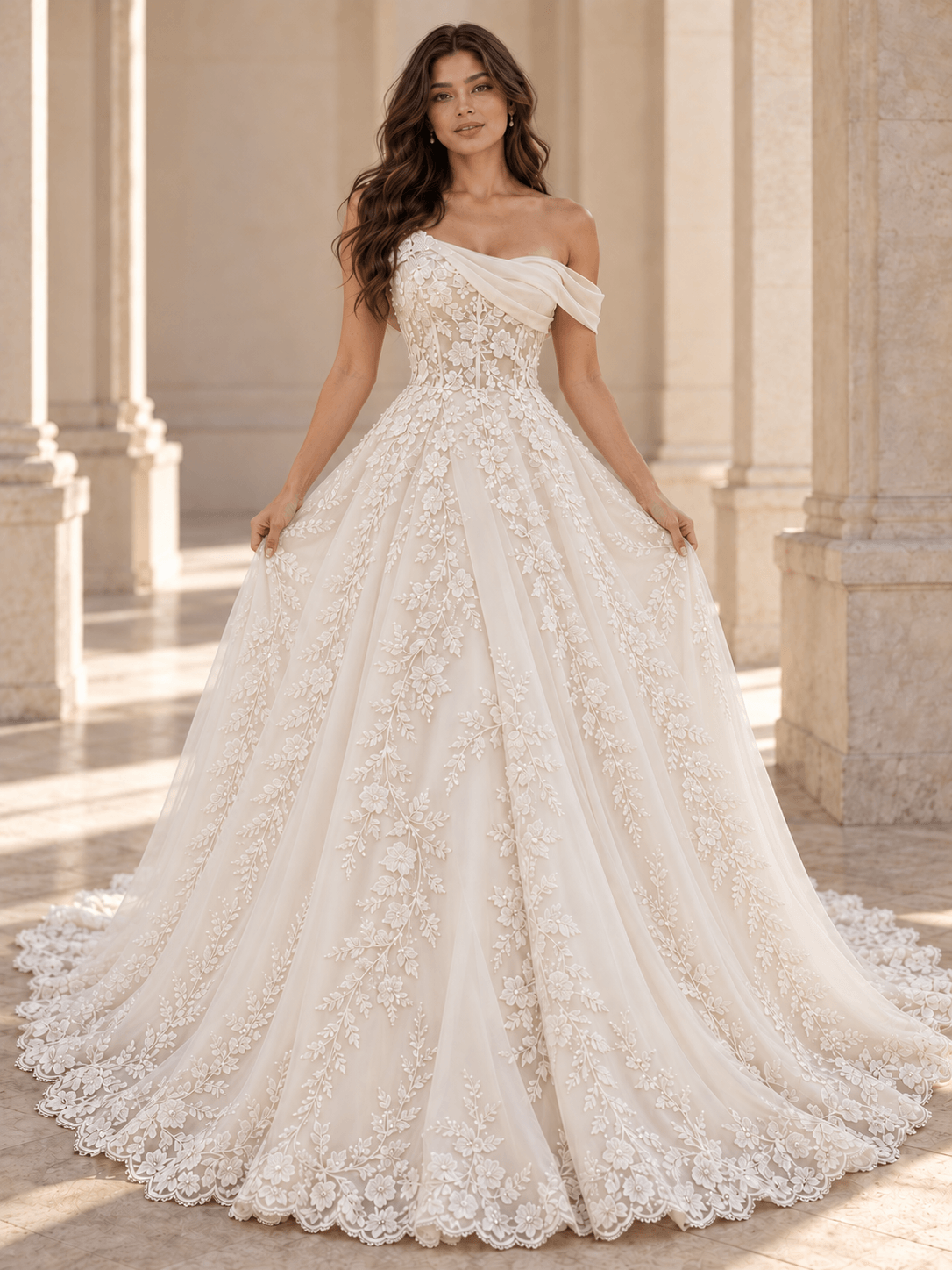 White Asymmetrical Off-the-Shoulder Floral Lace Wedding Dress with Layered Tulle Skirt