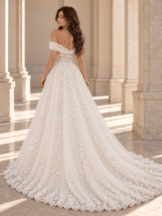 White Asymmetrical Off-the-Shoulder Floral Lace Wedding Dress with Layered Tulle Skirt