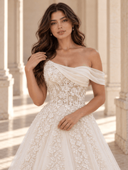 White Asymmetrical Off-the-Shoulder Floral Lace Wedding Dress with Layered Tulle Skirt