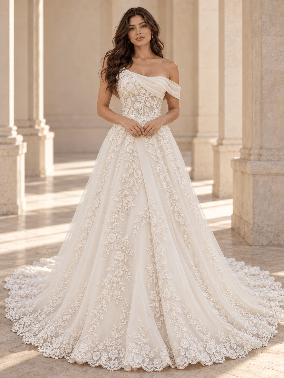 White Asymmetrical Off-the-Shoulder Floral Lace Wedding Dress with Layered Tulle Skirt