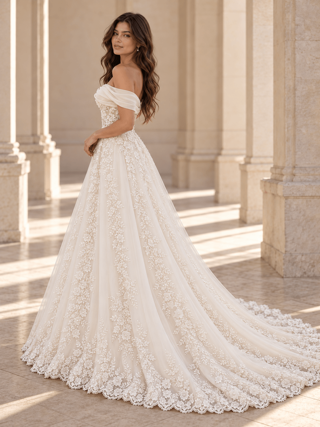 White Asymmetrical Off-the-Shoulder Floral Lace Wedding Dress with Layered Tulle Skirt