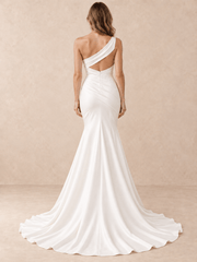 White Asymmetrical One-Shoulder Draped Satin Mermaid Wedding Dress