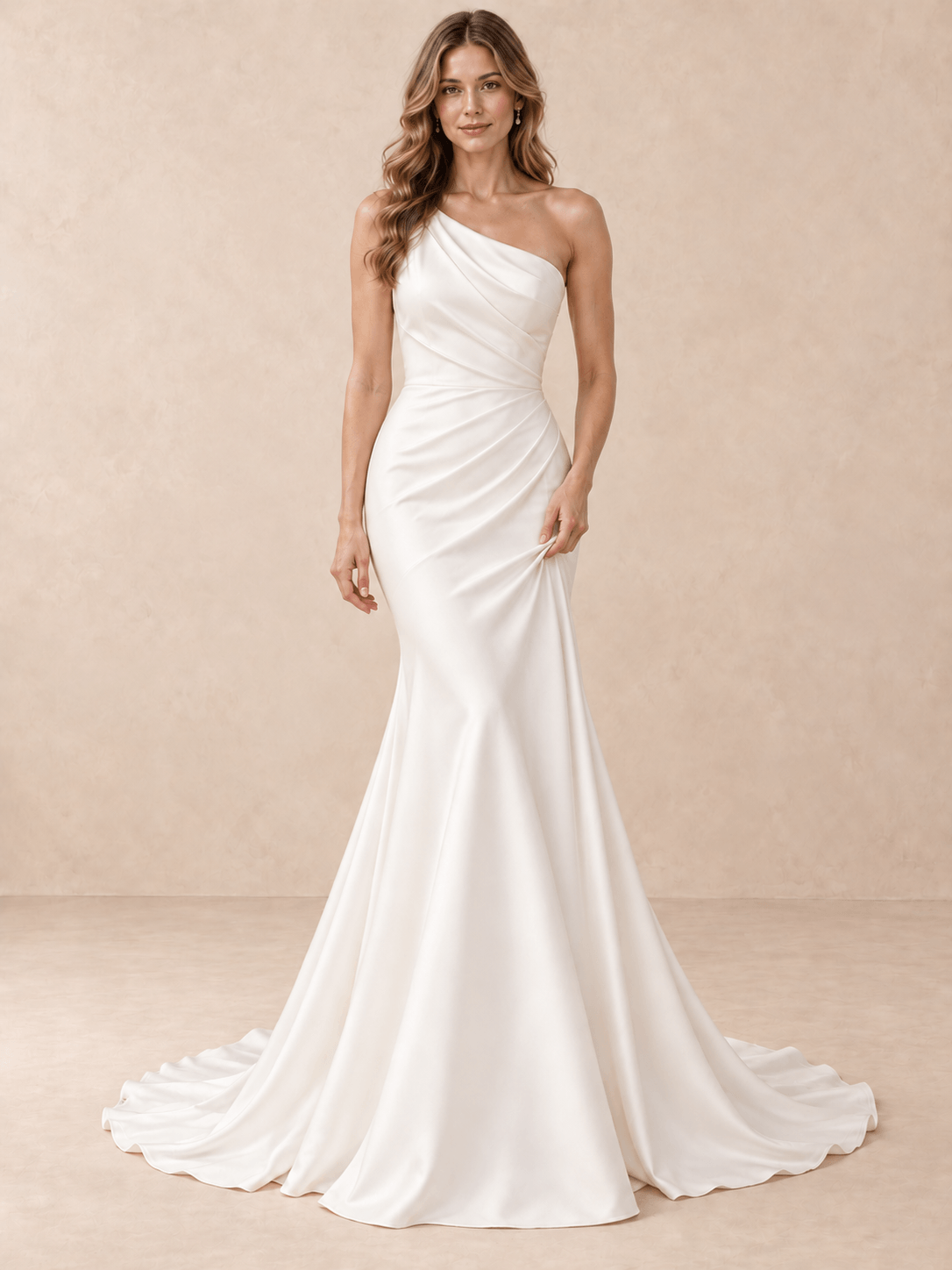 White Asymmetrical One-Shoulder Draped Satin Mermaid Wedding Dress