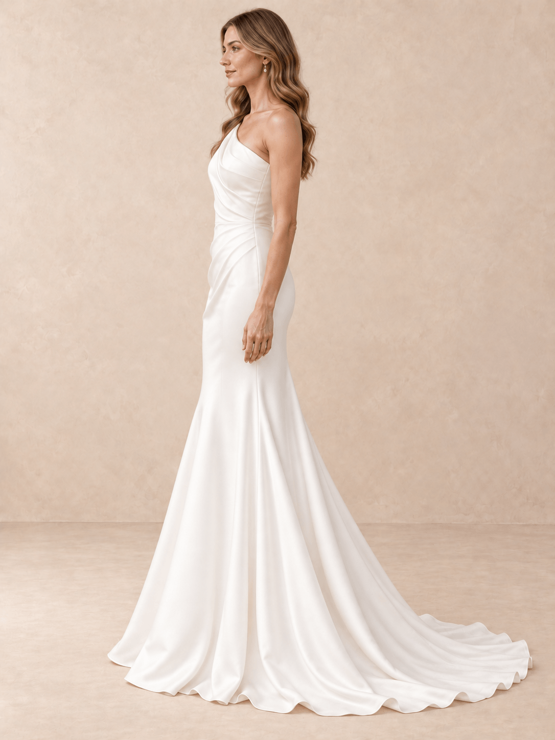 White Asymmetrical One-Shoulder Draped Satin Mermaid Wedding Dress