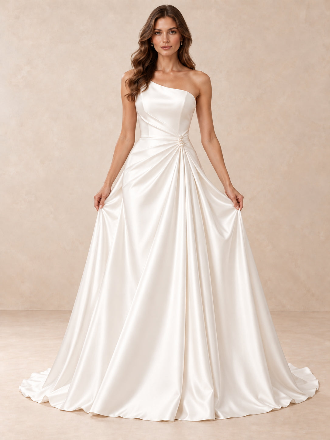 White Asymmetrical One-Shoulder Sleeveless Satin A-Line Wedding Dress