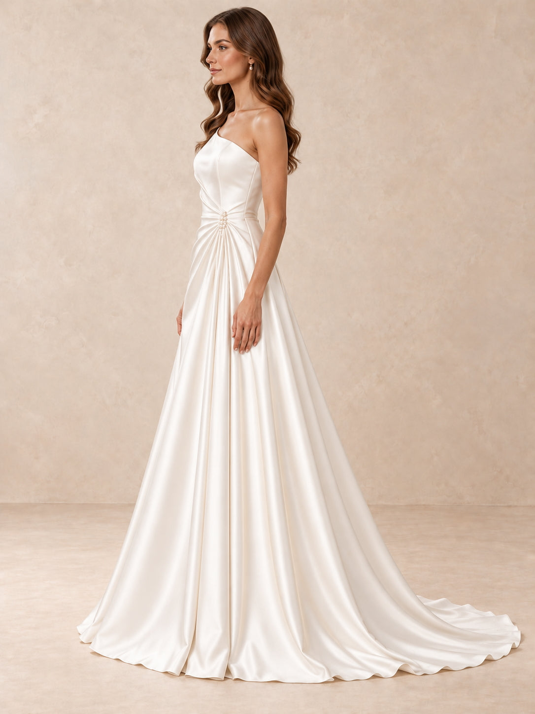 White Asymmetrical One-Shoulder Sleeveless Satin A-Line Wedding Dress