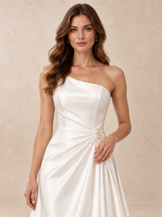 White Asymmetrical One-Shoulder Sleeveless Satin A-Line Wedding Dress