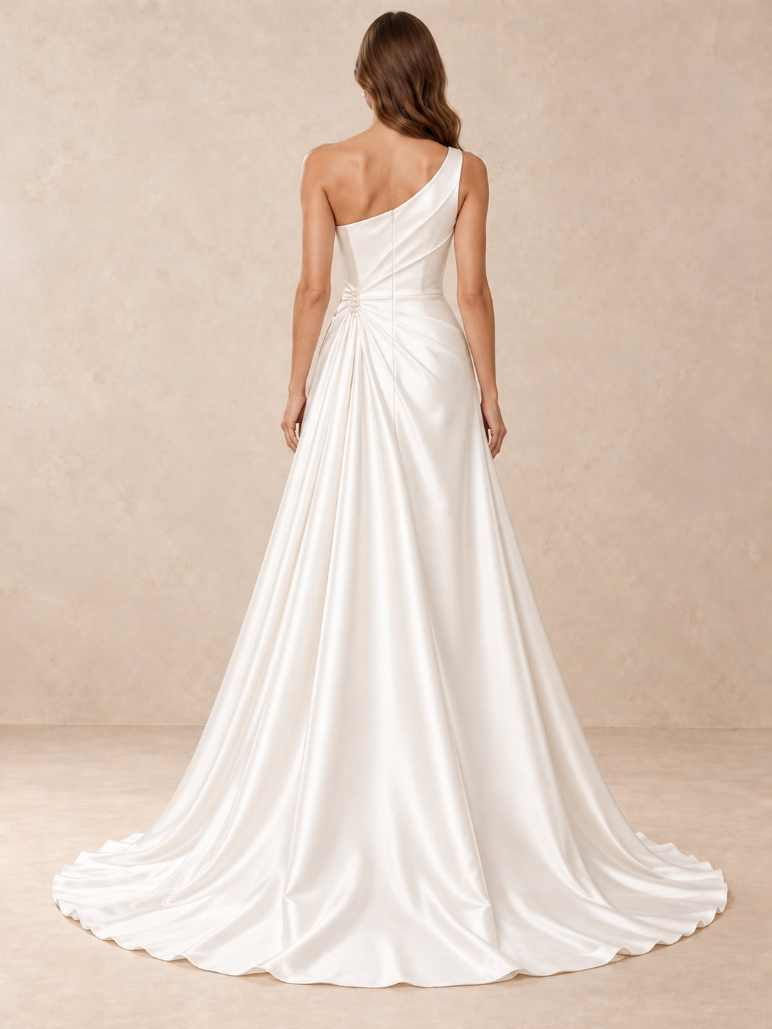 White Asymmetrical One-Shoulder Sleeveless Satin A-Line Wedding Dress