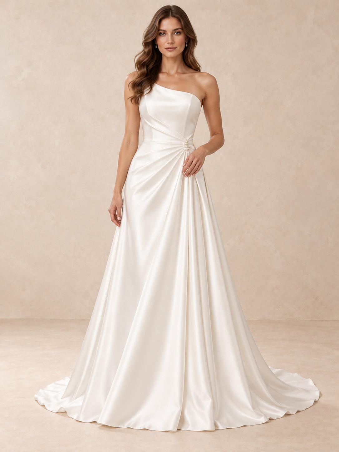 White Asymmetrical One-Shoulder Sleeveless Satin A-Line Wedding Dress