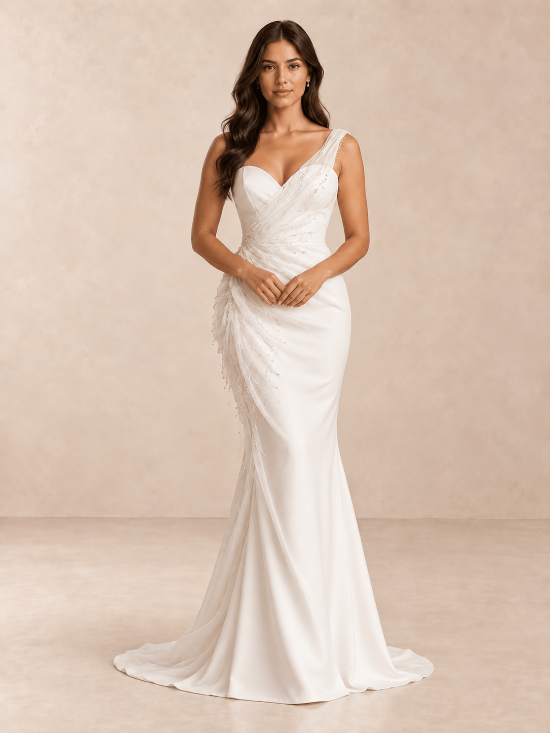 White Asymmetrical Sweetheart Mermaid Wedding Dress with Organza Draping