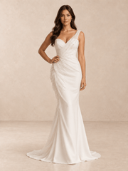 White Asymmetrical Sweetheart Mermaid Wedding Dress with Organza Draping