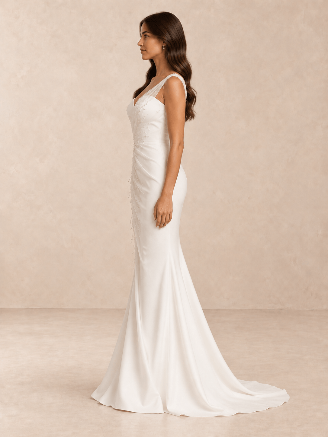 White Asymmetrical Sweetheart Mermaid Wedding Dress with Organza Draping