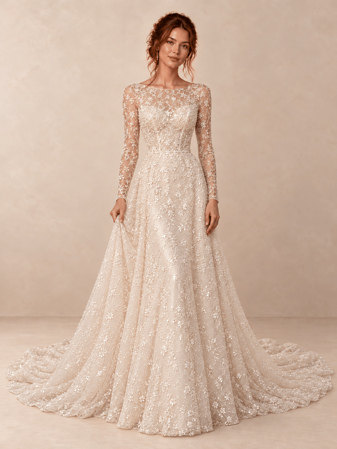Ivory Bateau Neck Long Sleeve Lace Sequin A-Line Wedding Dress