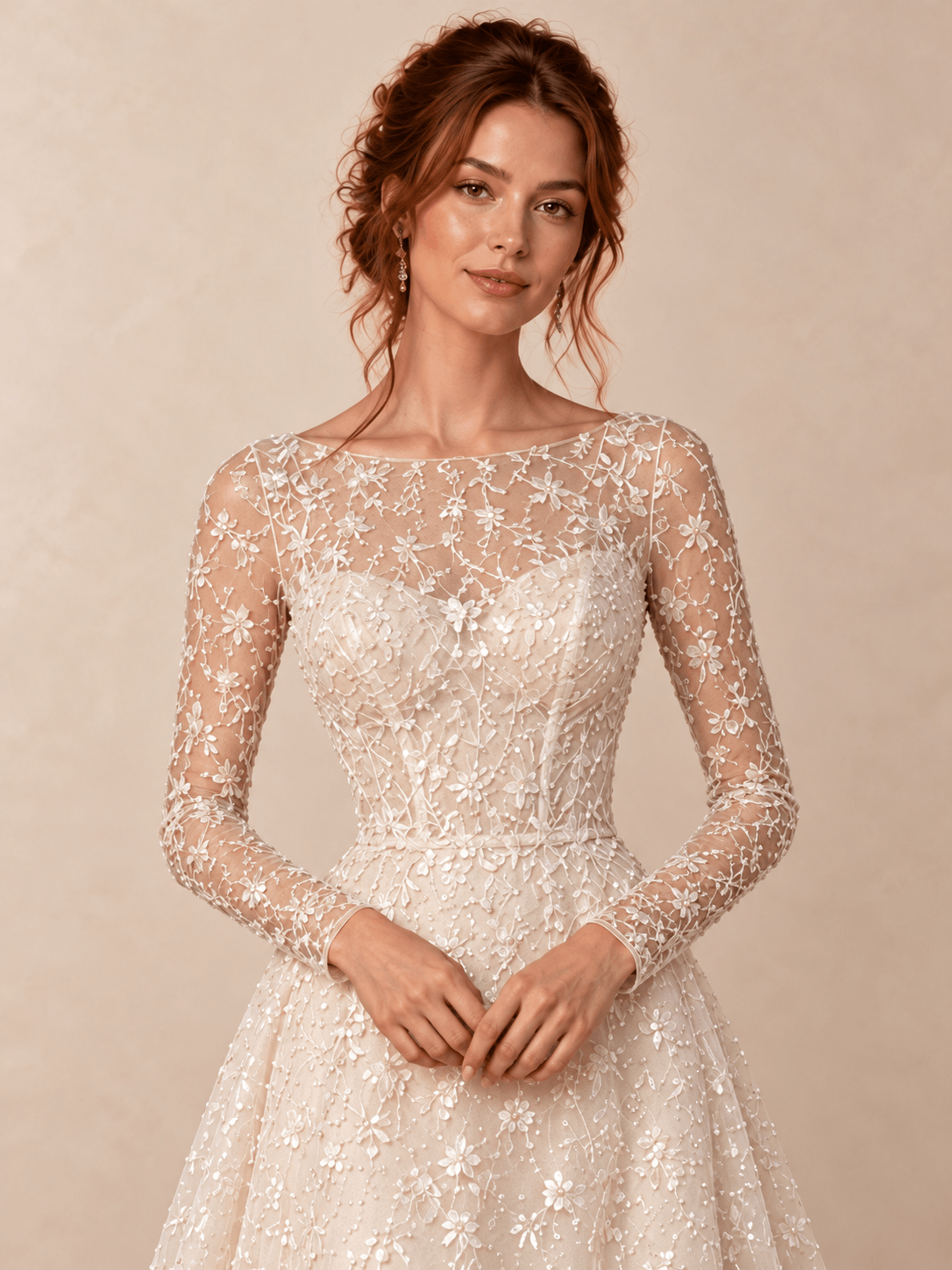 Ivory Bateau Neck Long Sleeve Lace Sequin A-Line Wedding Dress