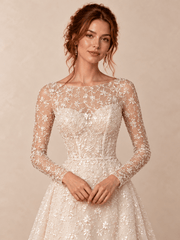 Ivory Bateau Neck Long Sleeve Lace Sequin A-Line Wedding Dress