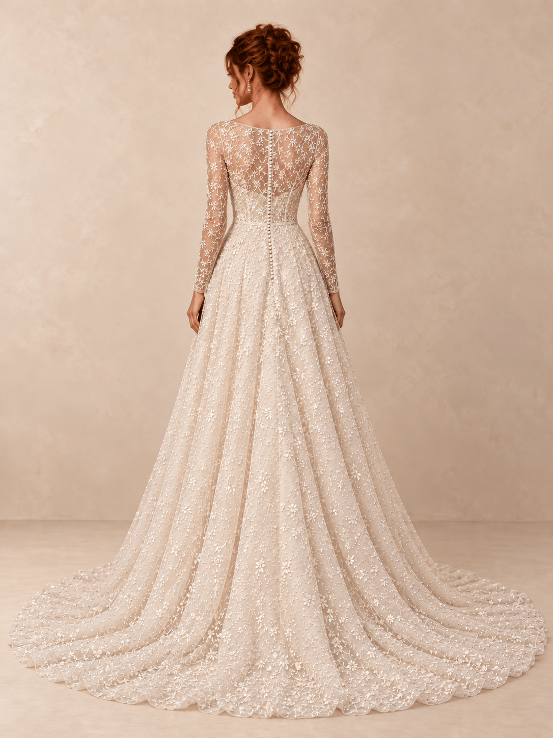 Ivory Bateau Neck Long Sleeve Lace Sequin A-Line Wedding Dress