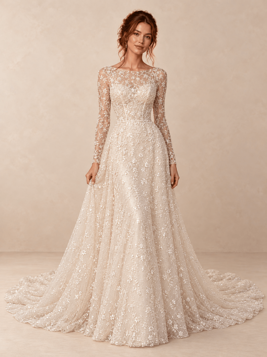 Ivory Bateau Neck Long Sleeve Lace Sequin A-Line Wedding Dress