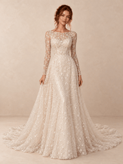 Ivory Bateau Neck Long Sleeve Lace Sequin A-Line Wedding Dress