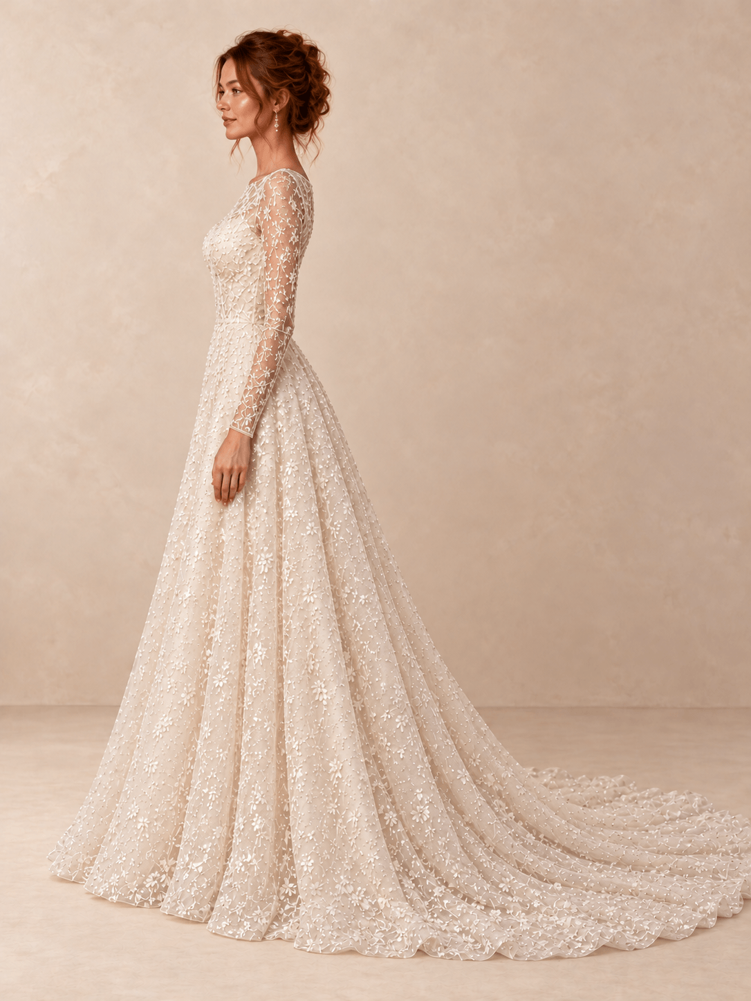 Ivory Bateau Neck Long Sleeve Lace Sequin A-Line Wedding Dress