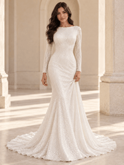 White Bateau Neckline Long Sleeve Sequin Mermaid Wedding Dress