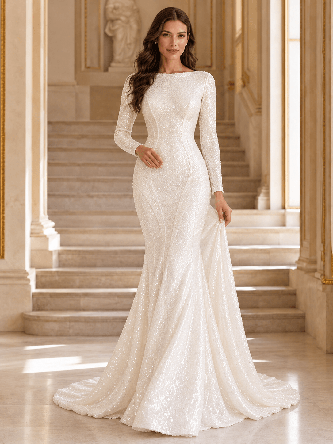 White Bateau Neckline Long Sleeve Sequin Mermaid Wedding Dress