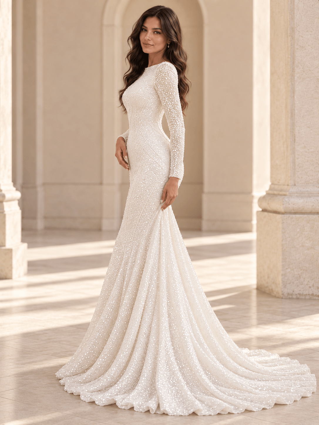 White Bateau Neckline Long Sleeve Sequin Mermaid Wedding Dress