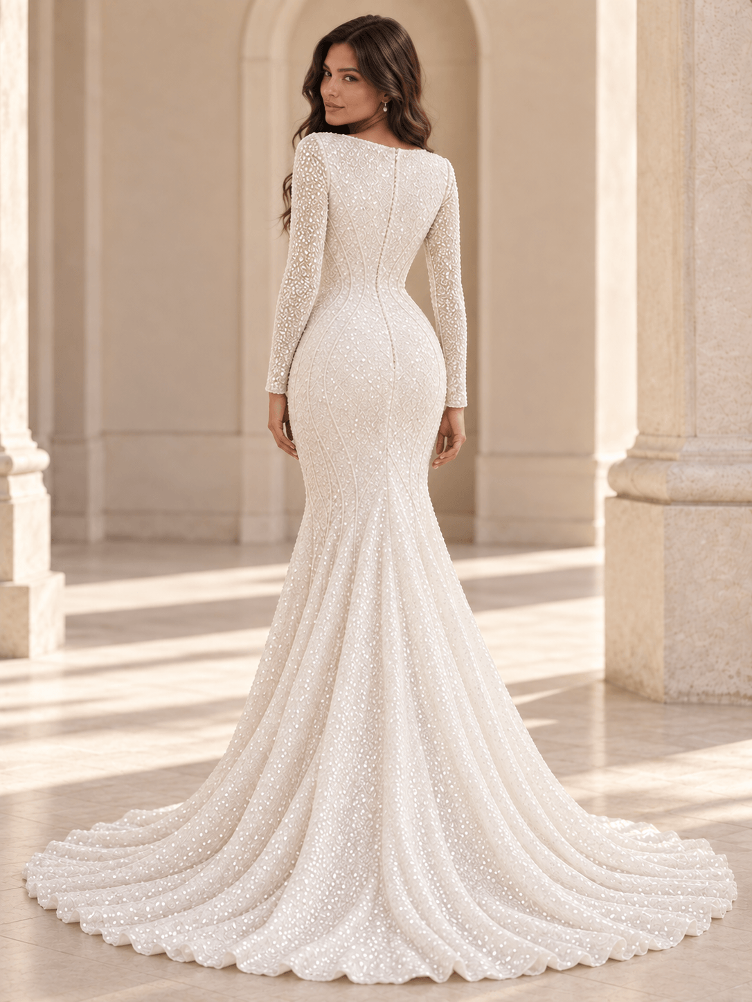 White Bateau Neckline Long Sleeve Sequin Mermaid Wedding Dress