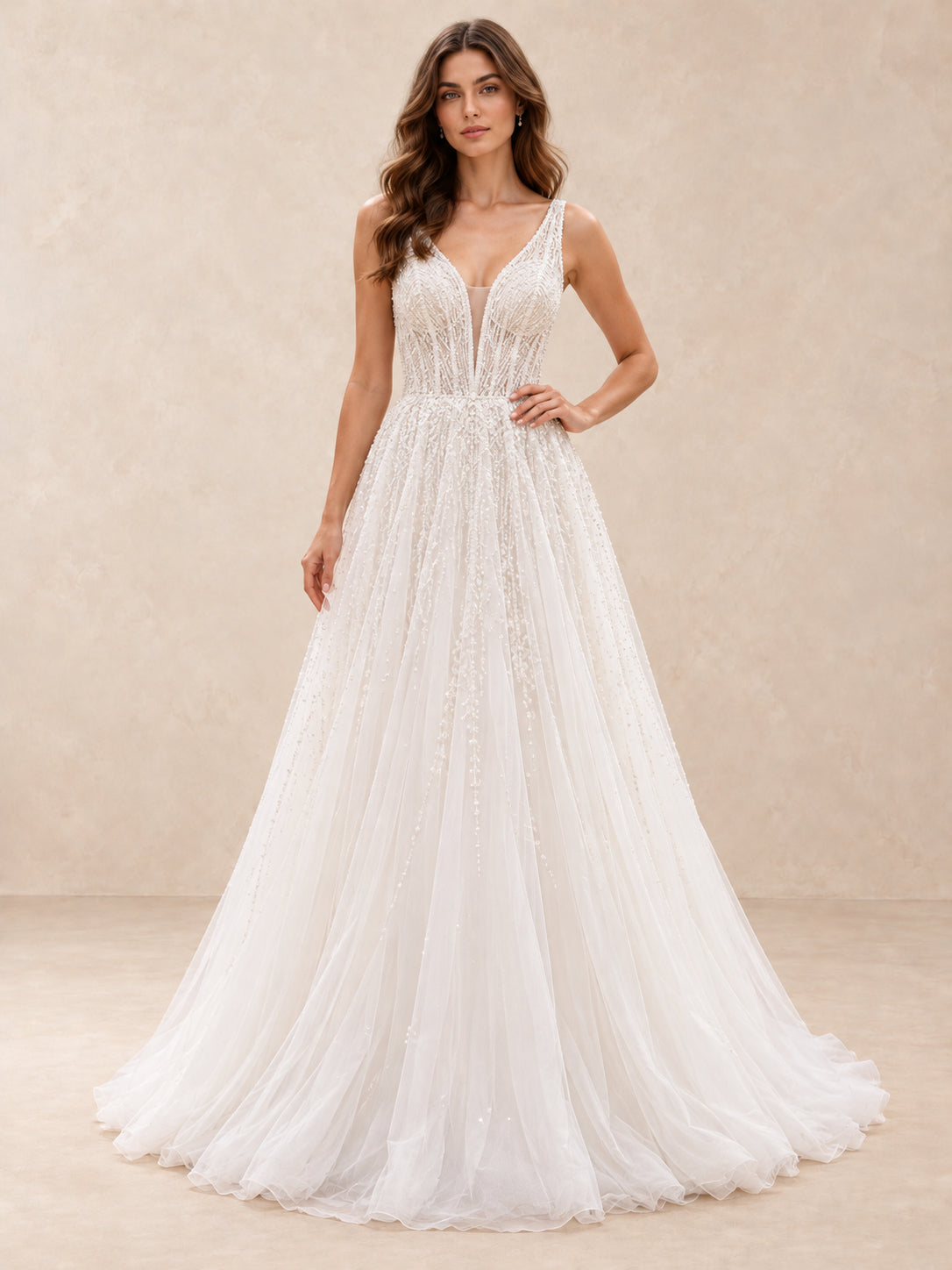 White Beaded V-Neck Tulle A-Line Wedding Dress with Low V-Back