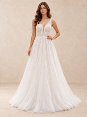 White Beaded V-Neck Tulle A-Line Wedding Dress with Low V-Back