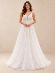 White Beaded V-Neck Tulle A-Line Wedding Dress with Low V-Back