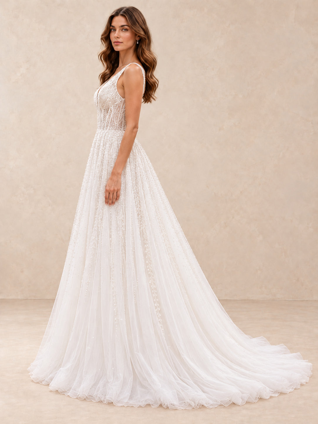 White Beaded V-Neck Tulle A-Line Wedding Dress with Low V-Back