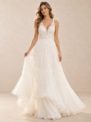 White Boho Lace V-Neck Tiered A-Line Wedding Dress