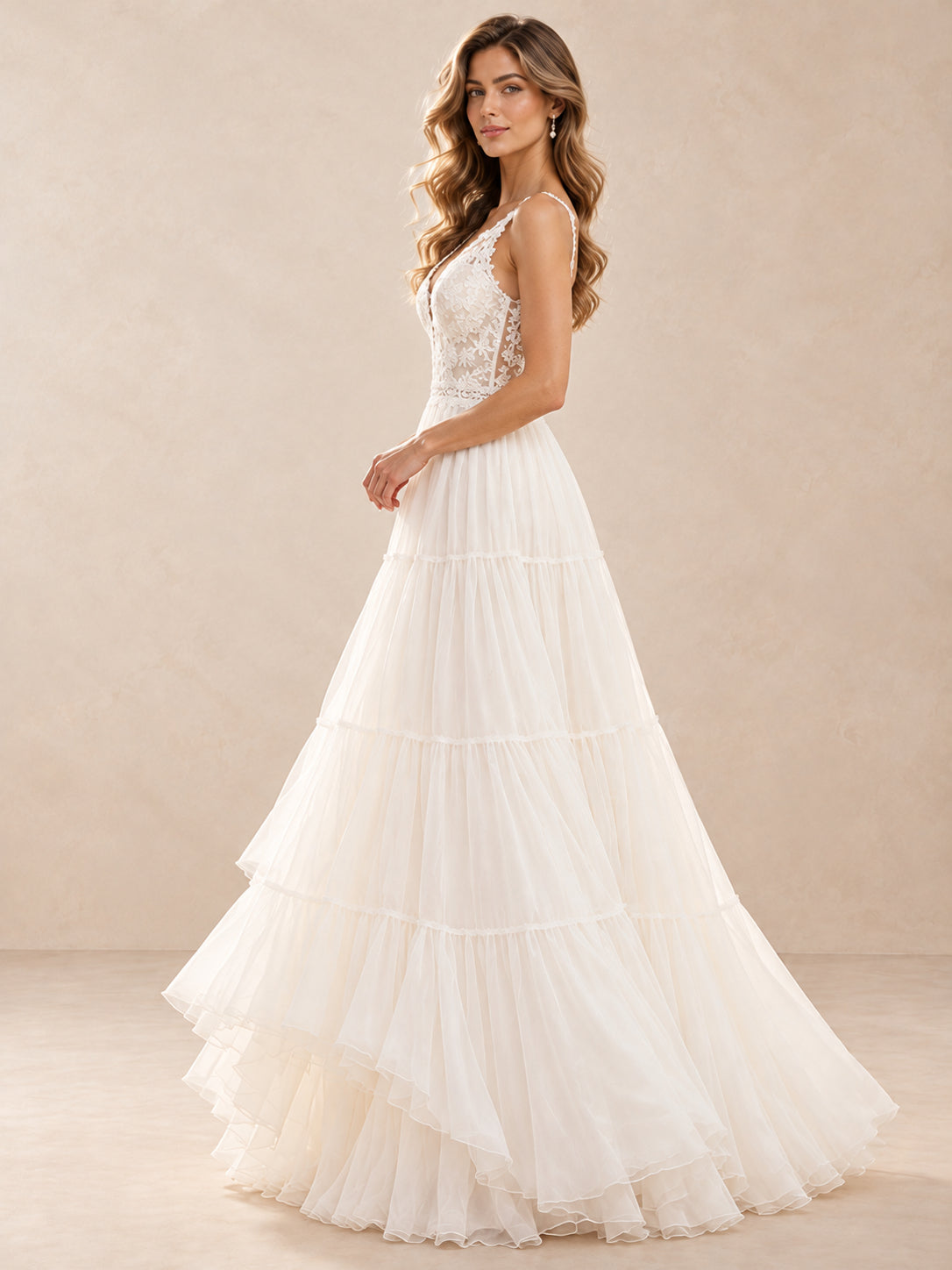 White Boho Lace V-Neck Tiered A-Line Wedding Dress