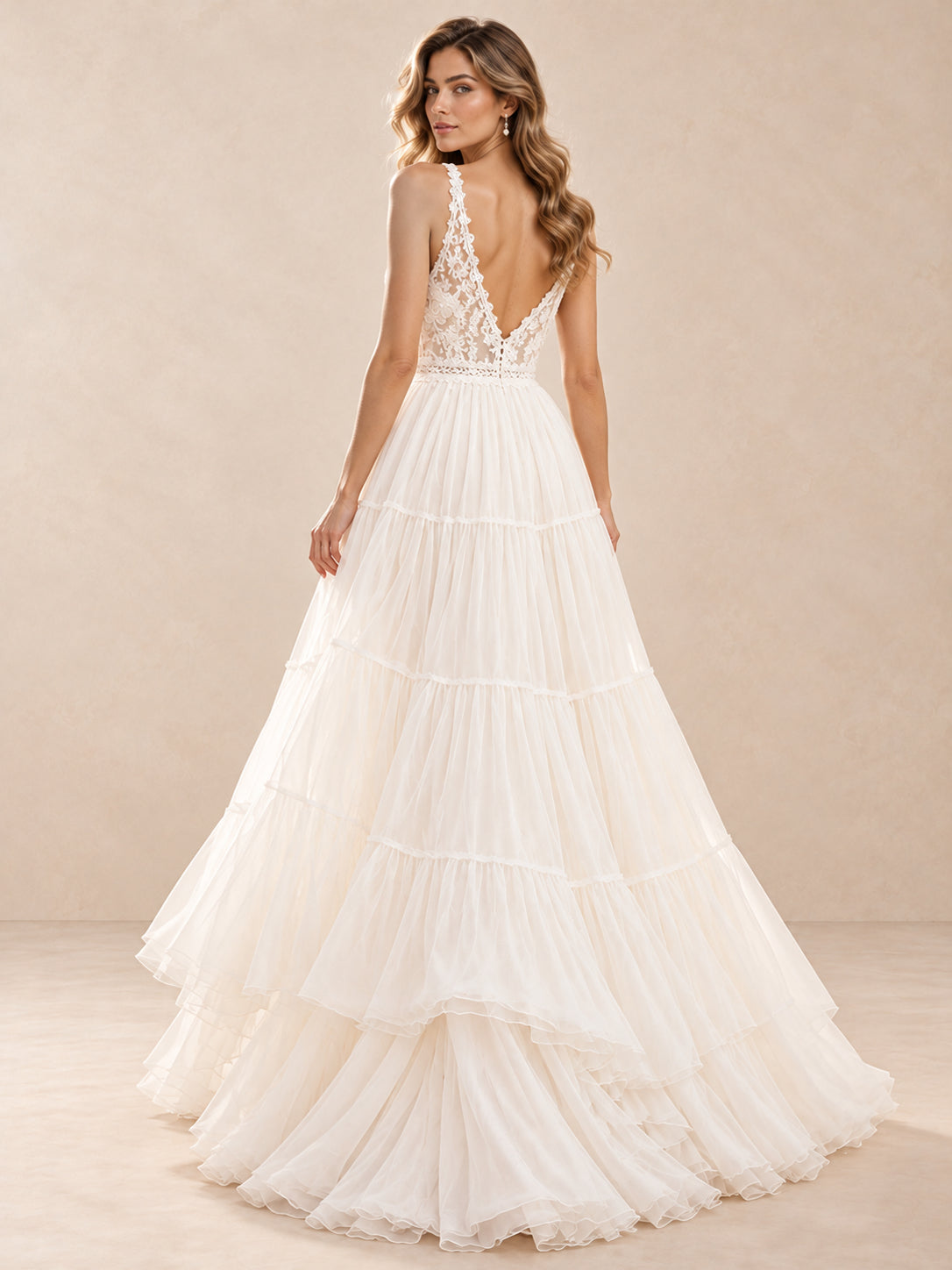 White Boho Lace V-Neck Tiered A-Line Wedding Dress
