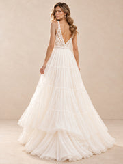 White Boho Lace V-Neck Tiered A-Line Wedding Dress