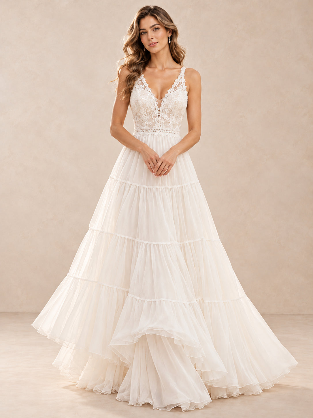 White Boho Lace V-Neck Tiered A-Line Wedding Dress
