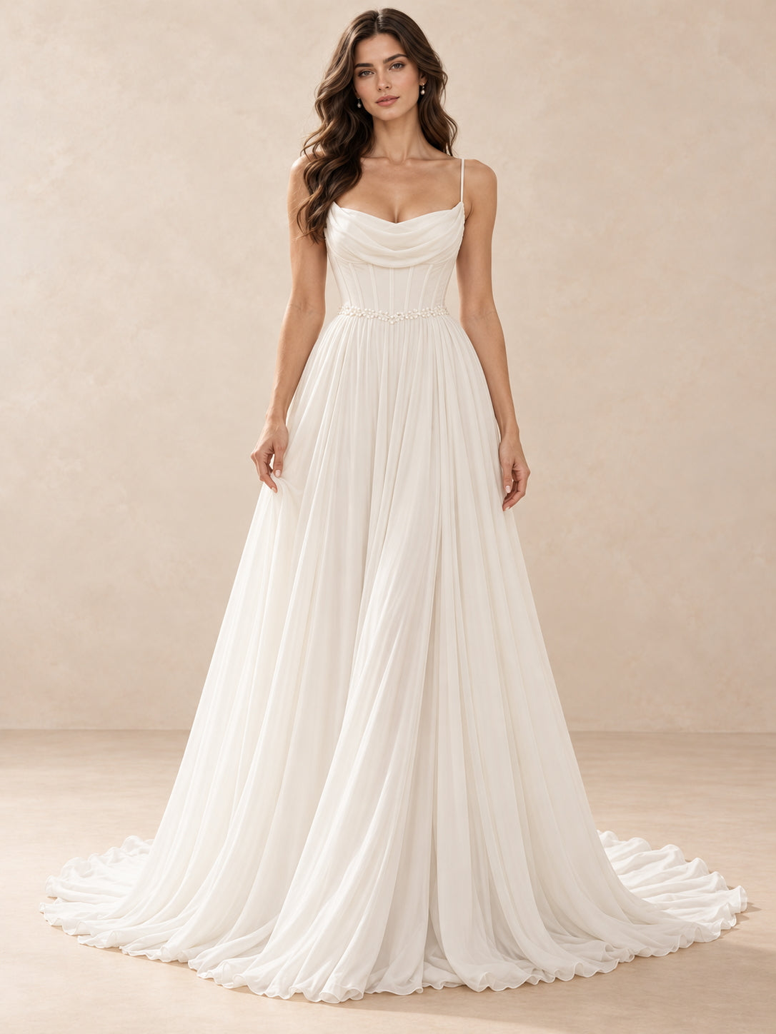 White Cowl Neck Chiffon A-Line Wedding Dress with Pearl Waist