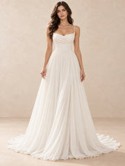 White Cowl Neck Chiffon A-Line Wedding Dress with Pearl Waist