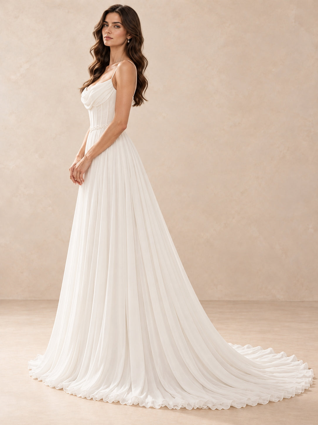 White Cowl Neck Chiffon A-Line Wedding Dress with Pearl Waist