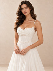 White Cowl Neck Chiffon A-Line Wedding Dress with Pearl Waist