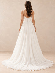 White Cowl Neck Chiffon A-Line Wedding Dress with Pearl Waist