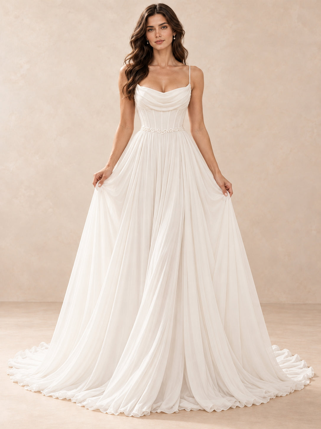 White Cowl Neck Chiffon A-Line Wedding Dress with Pearl Waist