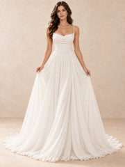 White Cowl Neck Chiffon A-Line Wedding Dress with Pearl Waist