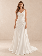 White Cowl Neck Draped Cowl Satin Wedding Dress with Sweep Train