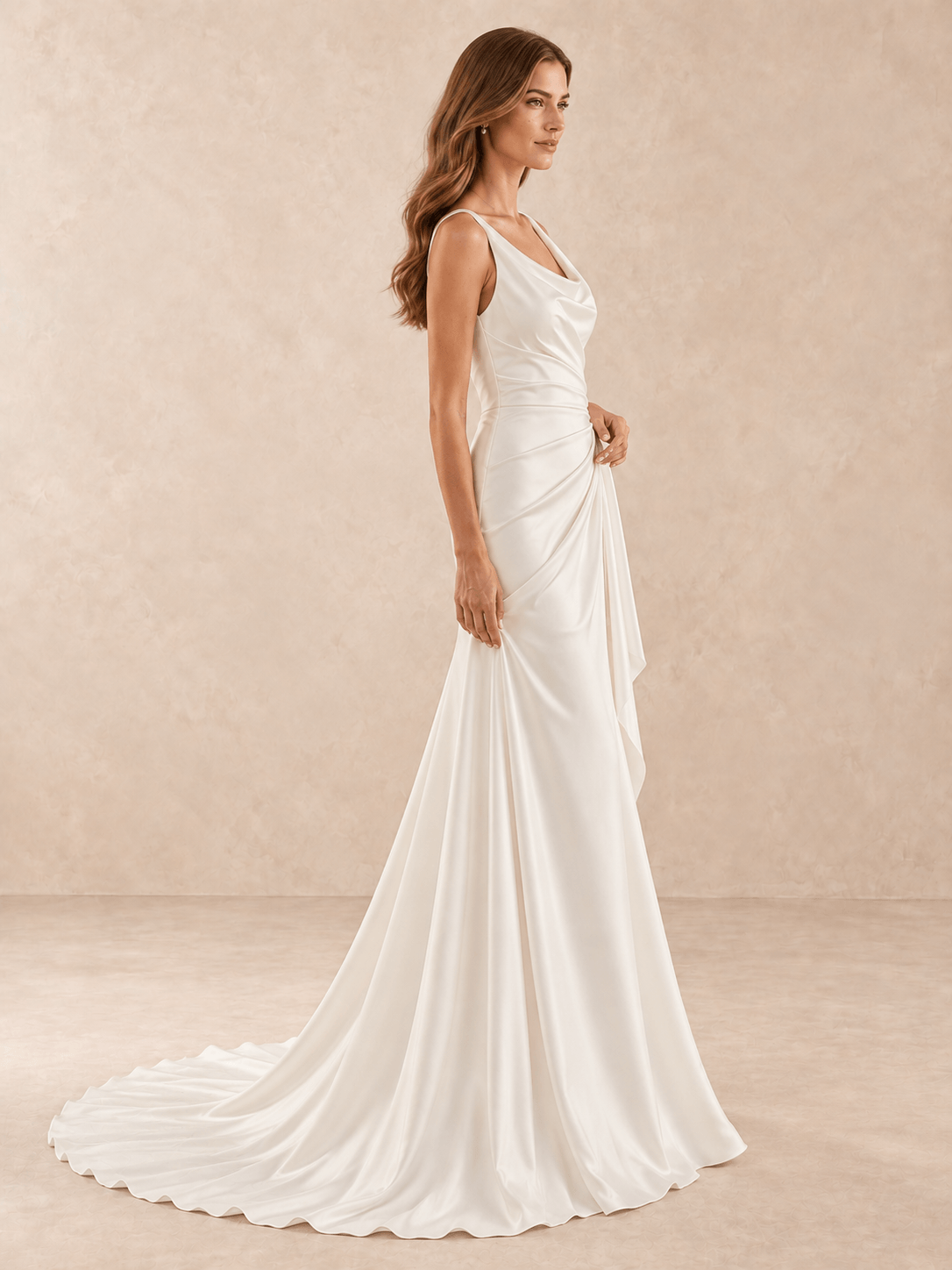 White Cowl Neck Draped Cowl Satin Wedding Dress with Sweep Train