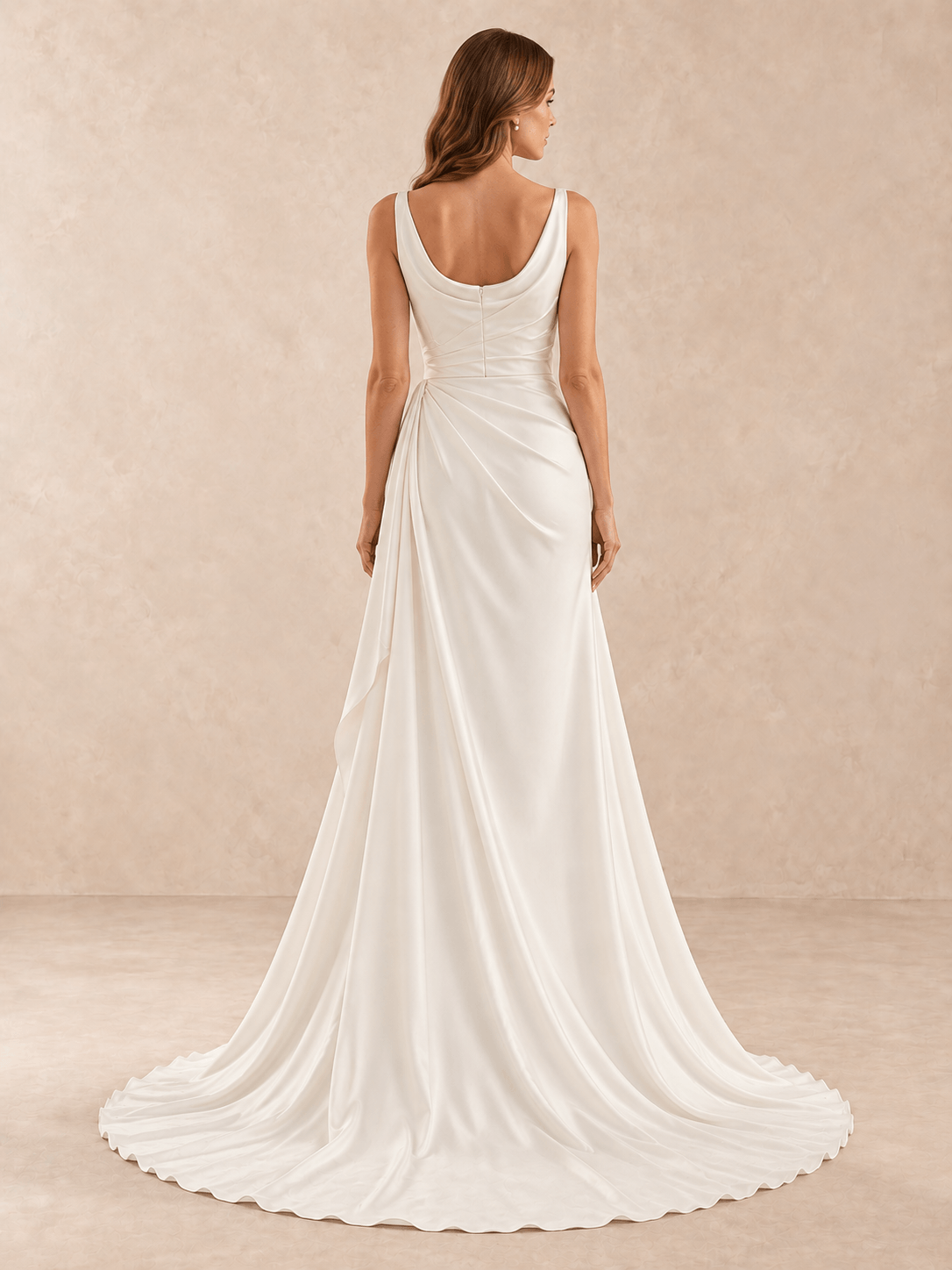 White Cowl Neck Draped Cowl Satin Wedding Dress with Sweep Train