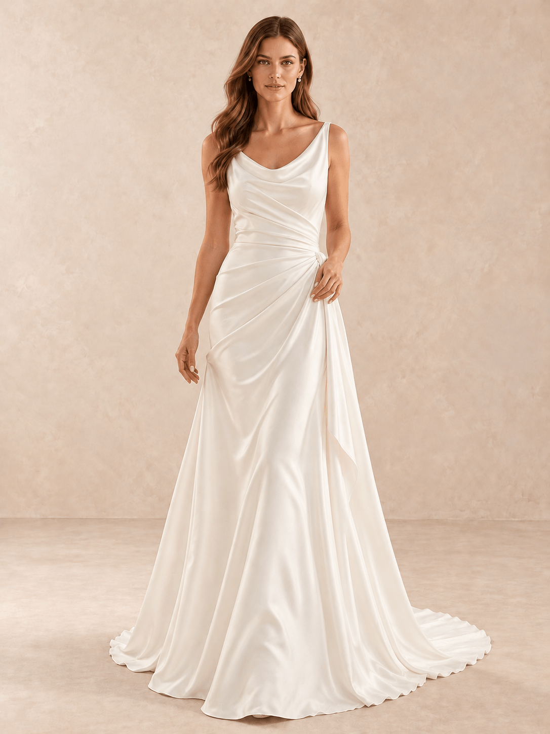White Cowl Neck Draped Cowl Satin Wedding Dress with Sweep Train