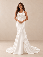 White Draped Halter Mermaid Wedding Dress with Sculpted Overskirt